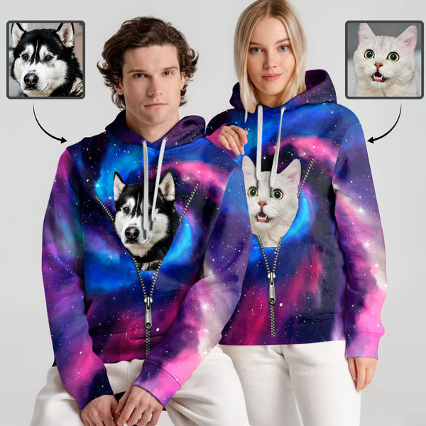 Custom Pet Face Galaxy Hoodie Personalized Dog Face Unisex Loose Hoodie Custom Plus Size Top Outfits All Over Print Hooded Pullover