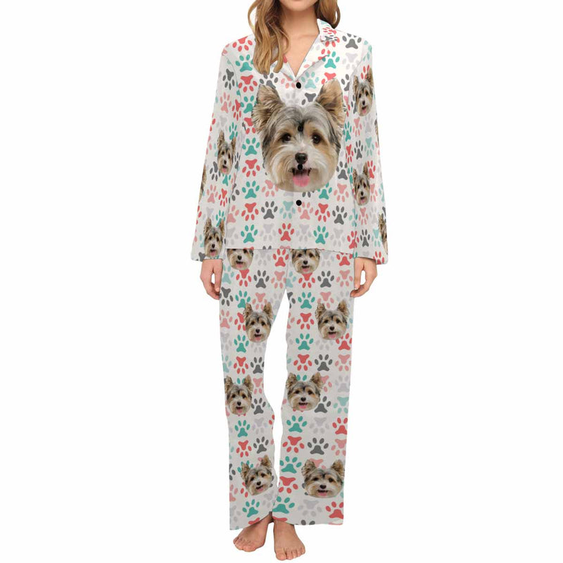 Custom Face Pajama Colorful Paws Women's Long Pajama Set Matching Dog Bandana Personalized Sleepwear