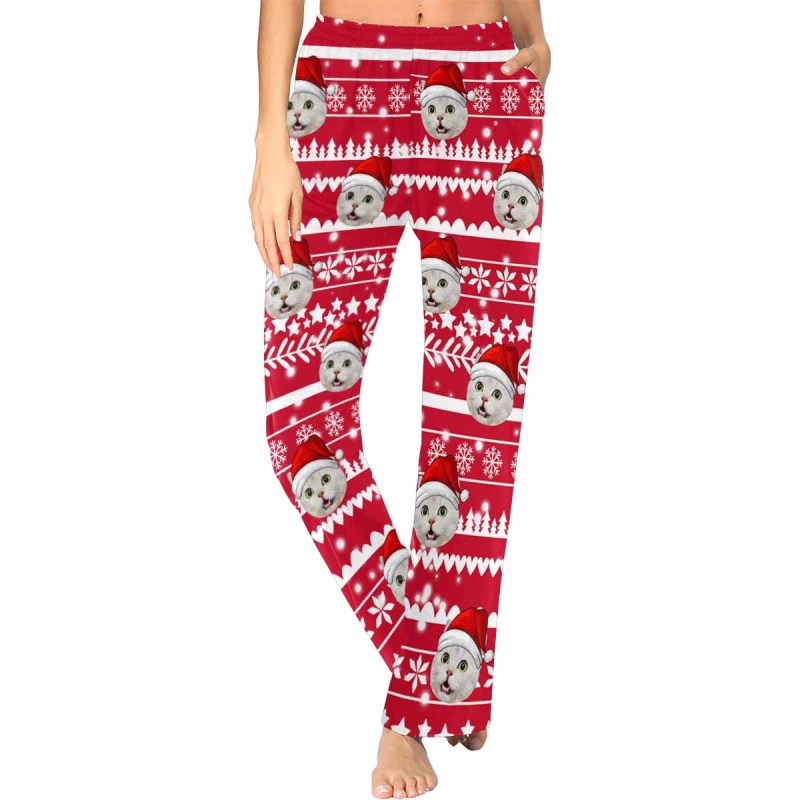 Custom Pet Face Christmas Red Hat Snowflake Sleepwear Personalized Women's&Men's Slumber Party Long Pajama Pants