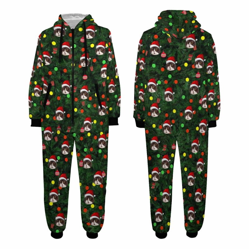 [Thick Soft Fabric] Funny Flannel Fleece Adult Onesie Pajamas Custom Face Christmas Tree Lights Printed Jumpsuit Homewear