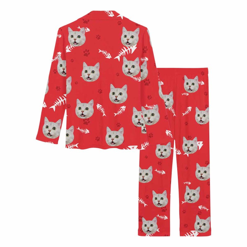 [Up To 5 Faces] Custom Face Pajamas My Pet Dog Cat Paw and Bone Sleepwear Personalized Women's Long Pajama Set