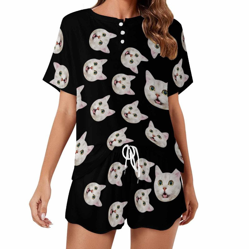 Custom Pet Face Spin Black Pajama Set Women's Short Sleeve Top and Shorts Loungewear Athletic Tracksuits