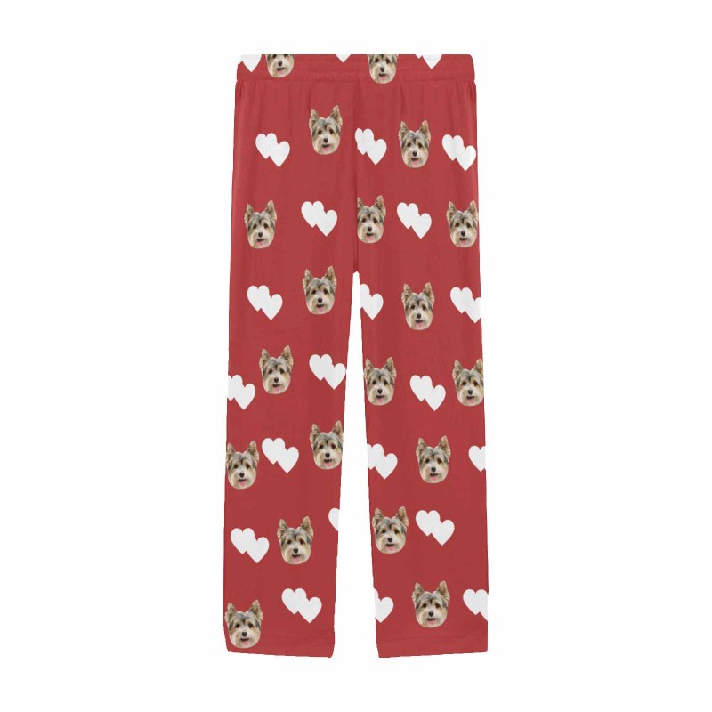 Custom Couple Face White Hearts Red Background Sleepwear Personalized Women's&Men's Slumber Party Long Pajama Pants