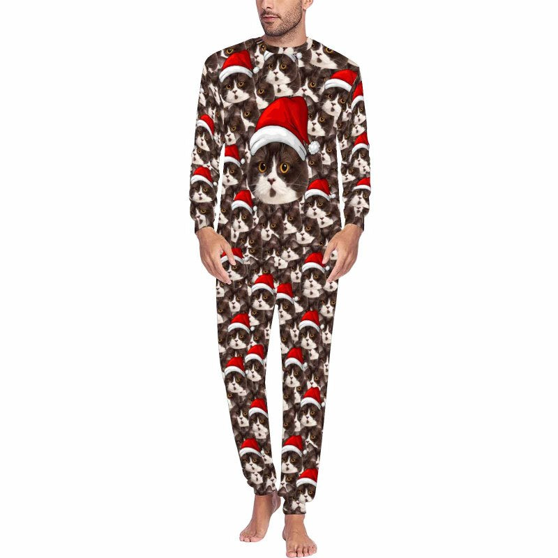 Discount - limited time Custom Face Seamless Christmas Hat Sleepwear Personalized Family Slumber Party Matching Long Sleeve Pajamas Set