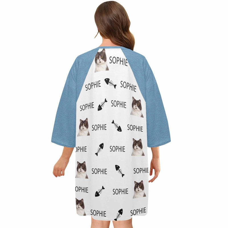 Custom Pet Face&Name Paw Bone Pajamas for Women's Oversized Sleep Tee Personalized Women's Loose Nightshirt Sleepwear