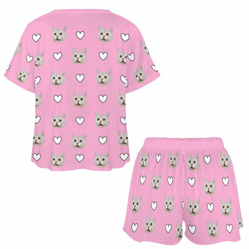 Custom Pet Pink Pajama Set Women's Short Sleeve Top and Shorts Loungewear Athletic Tracksuits