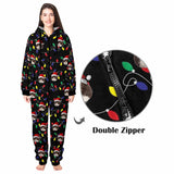 [Thick Soft Fabric] Funny Flannel Fleece Adult Onesie Pajamas Custom Face Christmas Lights on Black Background Jumpsuit Homewear