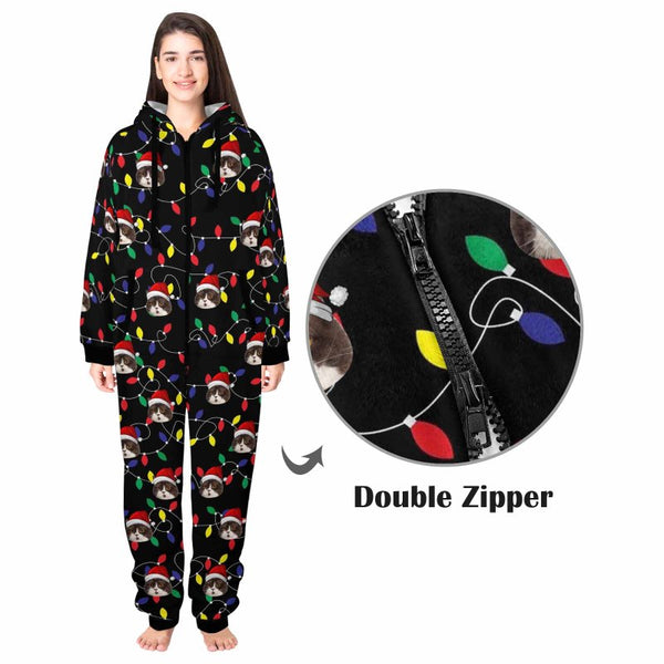 [Thick Soft Fabric] Funny Flannel Fleece Adult Onesie Pajamas Custom Face Christmas Lights on Black Background Jumpsuit Homewear