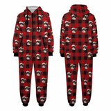 [Thick Soft Fabric] Funny Flannel Fleece Adult Onesie Pajamas Custom Face Christmas Red and Black Plaid Jumpsuit Homewear