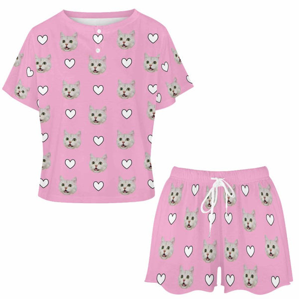 Custom Pet Pink Pajama Set Women's Short Sleeve Top and Shorts Loungewear Athletic Tracksuits