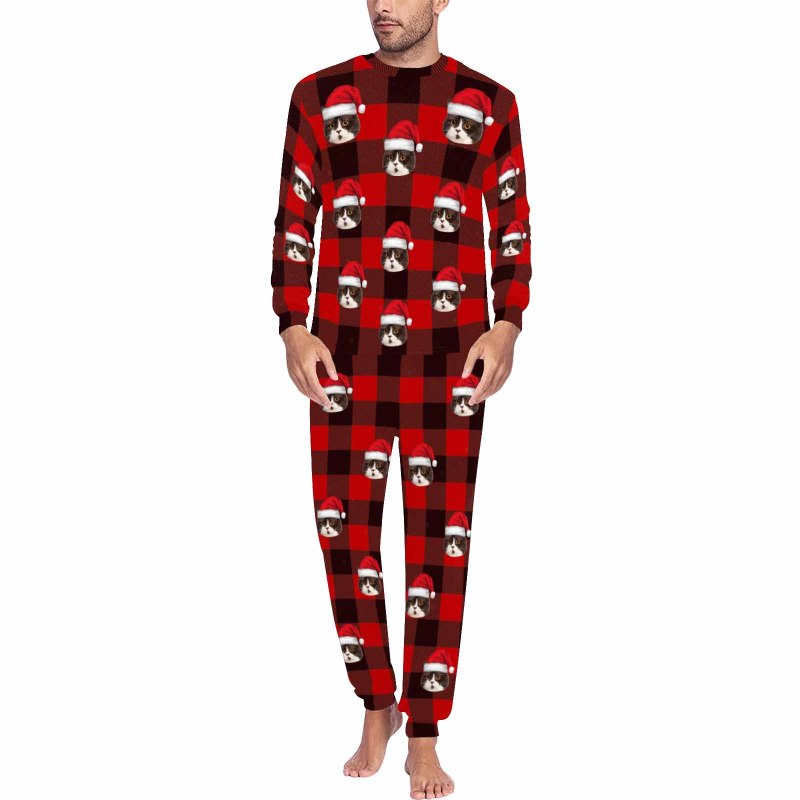 Custom Face Christmas Hat Red Black Stripes Nightwear Personalized Family Matching Long Sleeve Pajamas Set