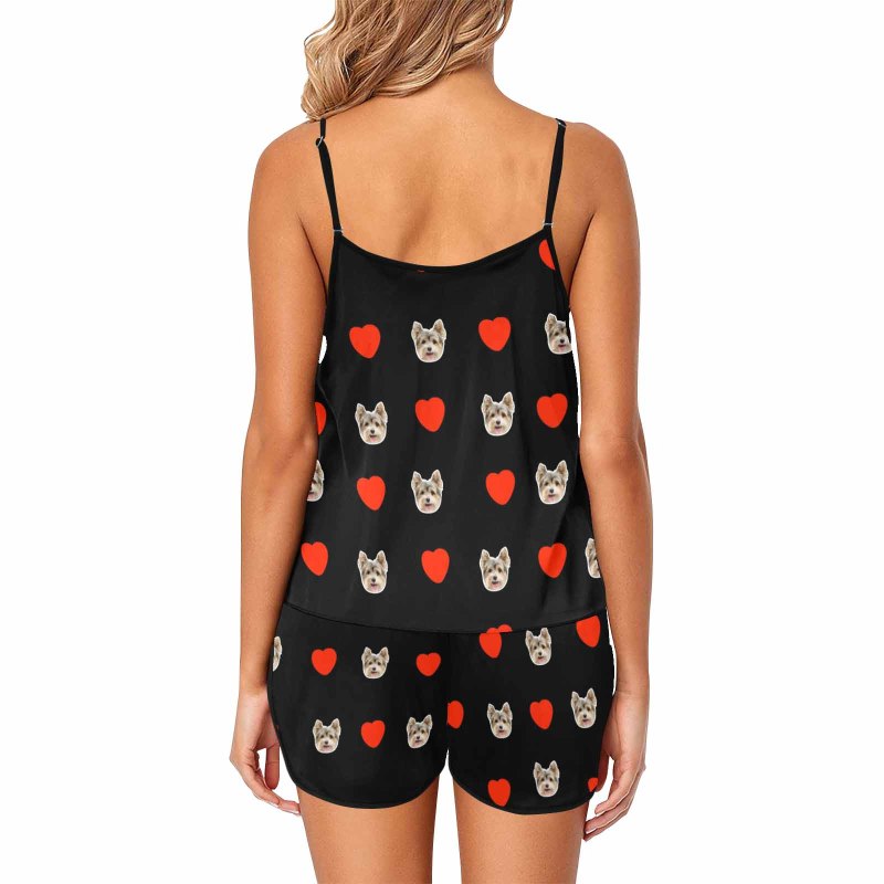 [Up To 5 Faces] Custom Face Cami Pajamas With Love Black Personalized Women's Sleepwear Set