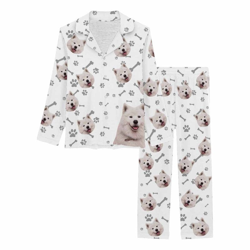 [Up To 5 Faces] Custom Photo Pajamas My Pet Dog Paw and Bone White Background Sleepwear Personalized Women's Long Pajama Set