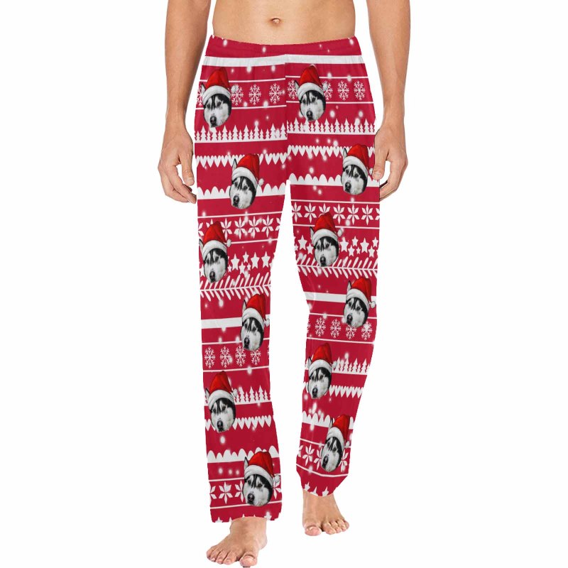 Custom Pet Face Christmas Red Hat Snowflake Sleepwear Personalized Women's&Men's Slumber Party Long Pajama Pants