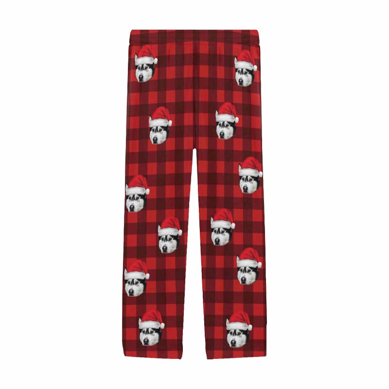 Custom Pet Face Red Plaid Christmas Hat Sleepwear Personalized Women's&Men's Slumber Party Long Pajama Pants