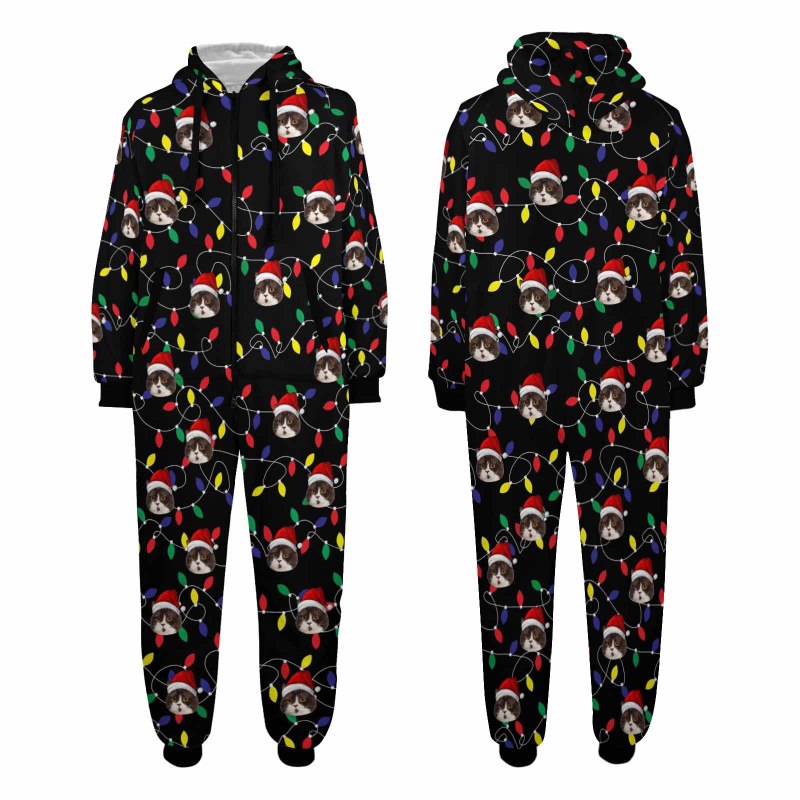 [Thick Soft Fabric] Funny Flannel Fleece Adult Onesie Pajamas Custom Face Christmas Lights on Black Background Jumpsuit Homewear