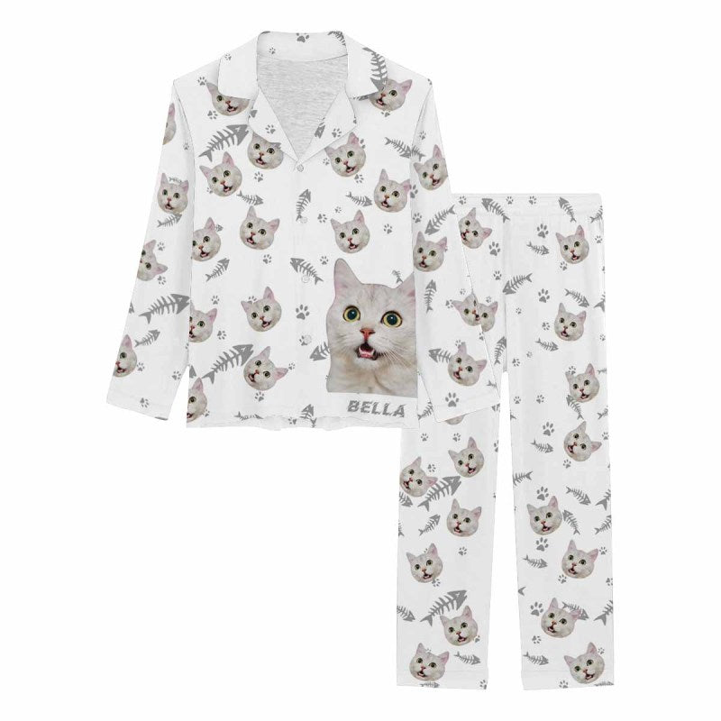 Custom Name&Photo Pajamas Dog Pet Cat Paw and Fish Bone Sleepwear Personalized Women's Long Pajama Set