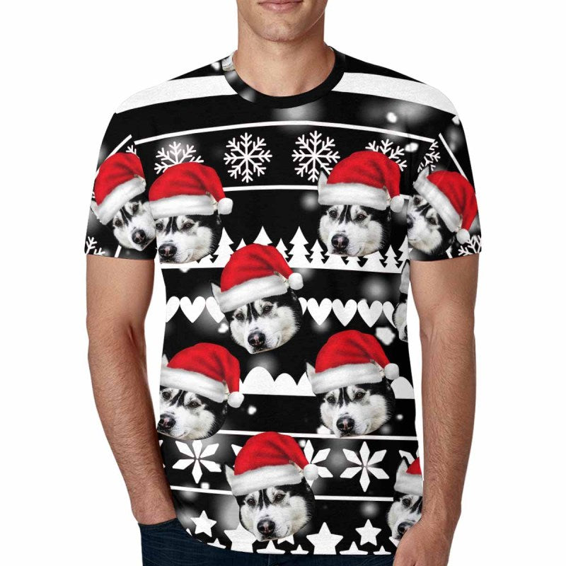 Custom Face Christmas Tee Red Background Men's All Over Print T-shirt with Personalized Pictures