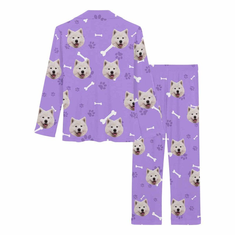 [Up To 5 Faces] Custom Face Pajamas My Pet Dog Cat Paw and Bone Sleepwear Personalized Women's Long Pajama Set