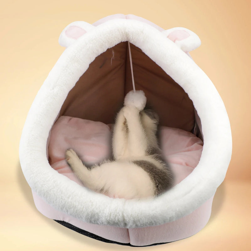 Foldable Cute Cat House Tent Kitten Lounger Cushion Cozy Washable Soft Nest Kennel Winter Warm Pet Bed