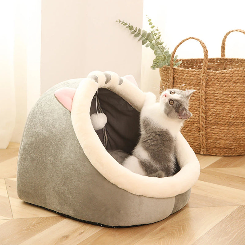 Foldable Cute Cat House Tent Kitten Lounger Cushion Cozy Washable Soft Nest Kennel Winter Warm Pet Bed