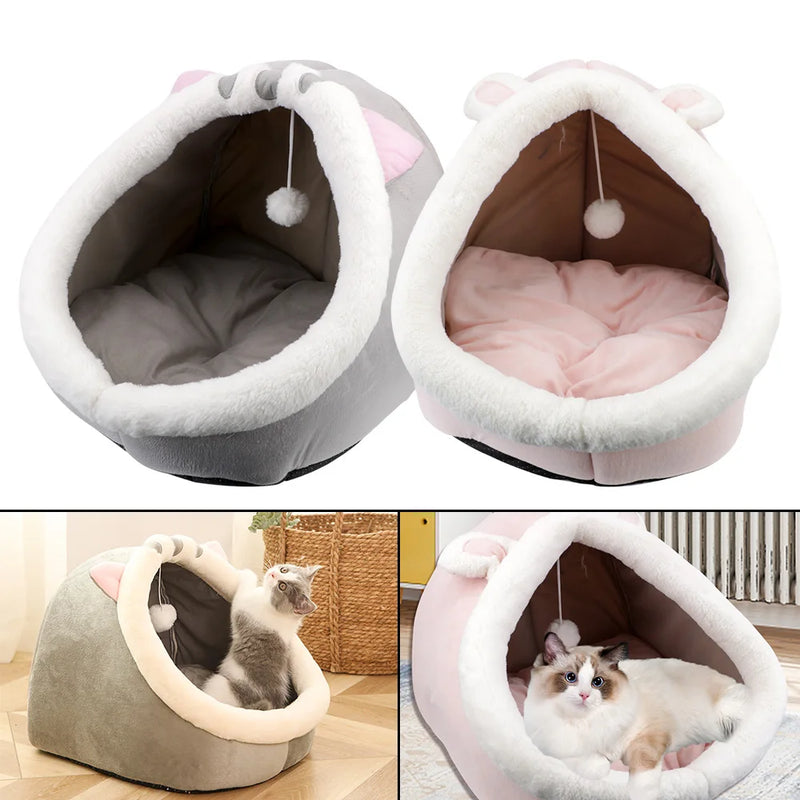 Foldable Cute Cat House Tent Kitten Lounger Cushion Cozy Washable Soft Nest Kennel Winter Warm Pet Bed