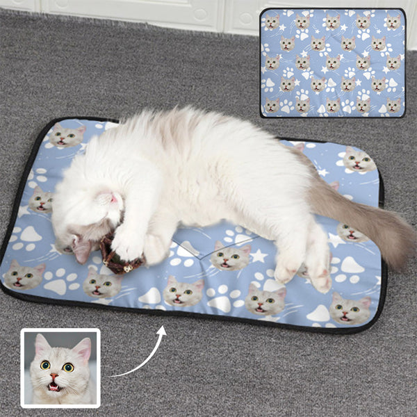 Custom Face Paws Blue Pet Bed Mat Personalized Pad Pet Bed Mat for Puppy Dog Cat