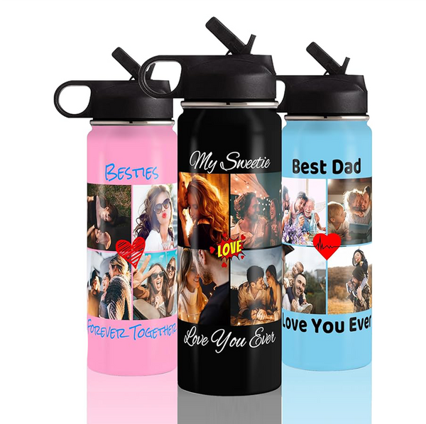 Personalized 4 Photos Water Bottles, 18oz Custom Picture Stainless Steel Insulated Water Bottle with Straw Lid & Handle, Customize Gifts for Adult Him Her Birthday Christmas