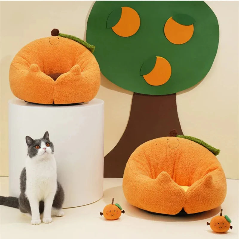 Cute Persimmon Cat Bed Winter Warm Pet Sleeping Bed Sofa Home Living Room Cat Kennel Dog Kennel Pet Warmer Toys Pet Supplies