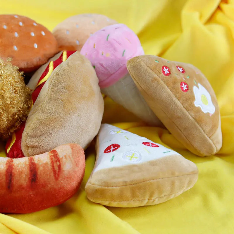 Plush Dog Toys Squeaky Dogs Accessories Pet Perros Toy Soft Squeeze Sound Teeth Chew Bite Resistant Ice Cream Fries Humburger