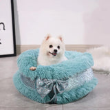 Cute Bow Lace Dog Bed Small Winter Warm Pet Mat Puppy Kennel Fluffy Round House Dog Cat Sleeping Bed Pet Furnitures Supplies