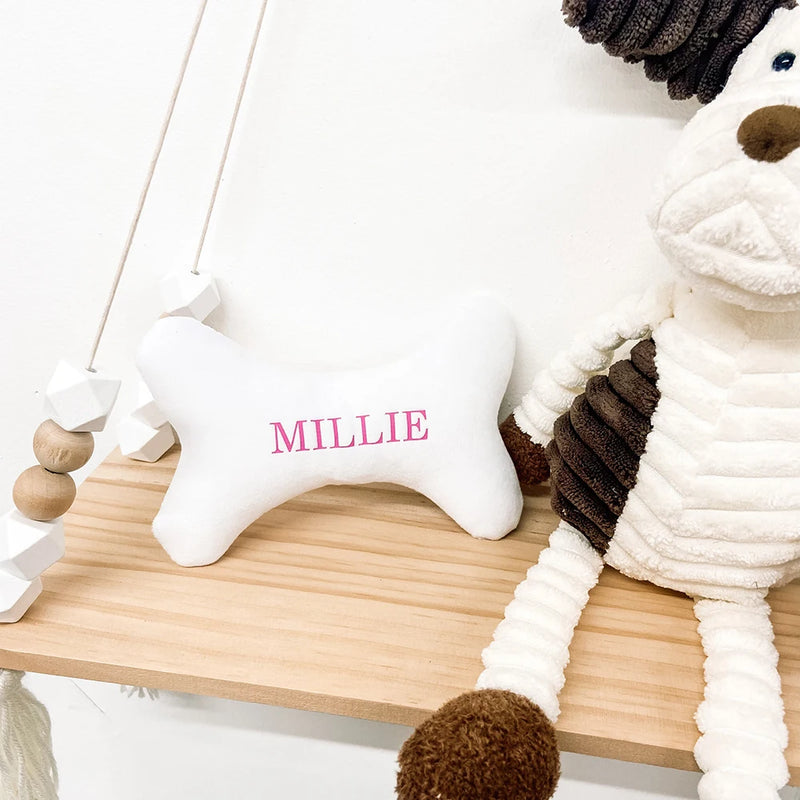 Personalized White Bone Shape Dog Toy Durable Chew Squeaky Plush Puppy Gift Custom Name Interactive Pet Supplies Accessories