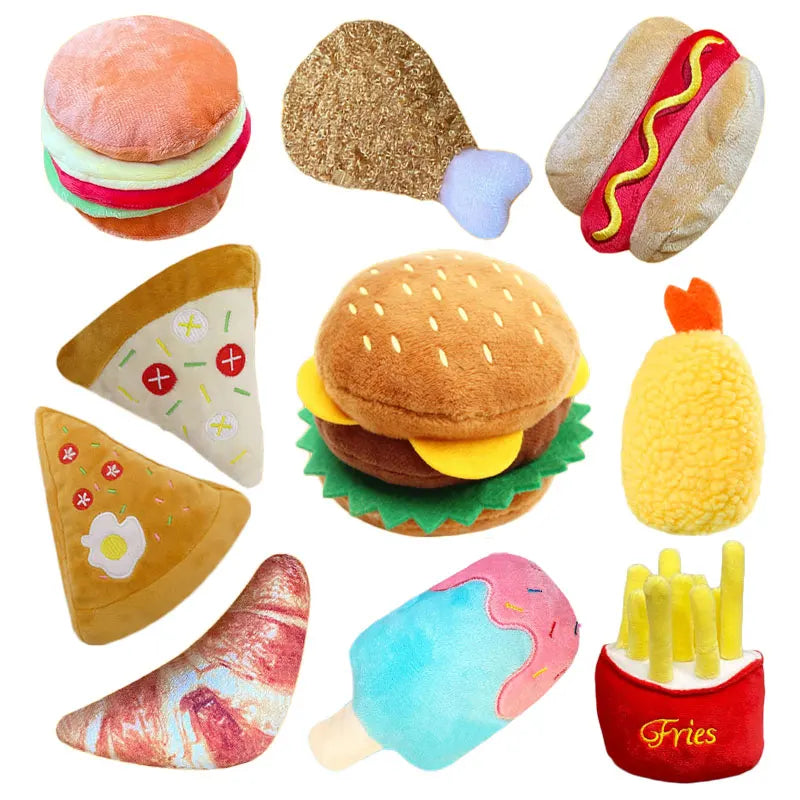 Plush Dog Toys Squeaky Dogs Accessories Pet Perros Toy Soft Squeeze Sound Teeth Chew Bite Resistant Ice Cream Fries Humburger