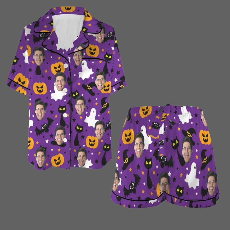 Halloween Custom Face Pajama Set Personalized Photo Women's V-Neck Short Loungewear Sleepwear