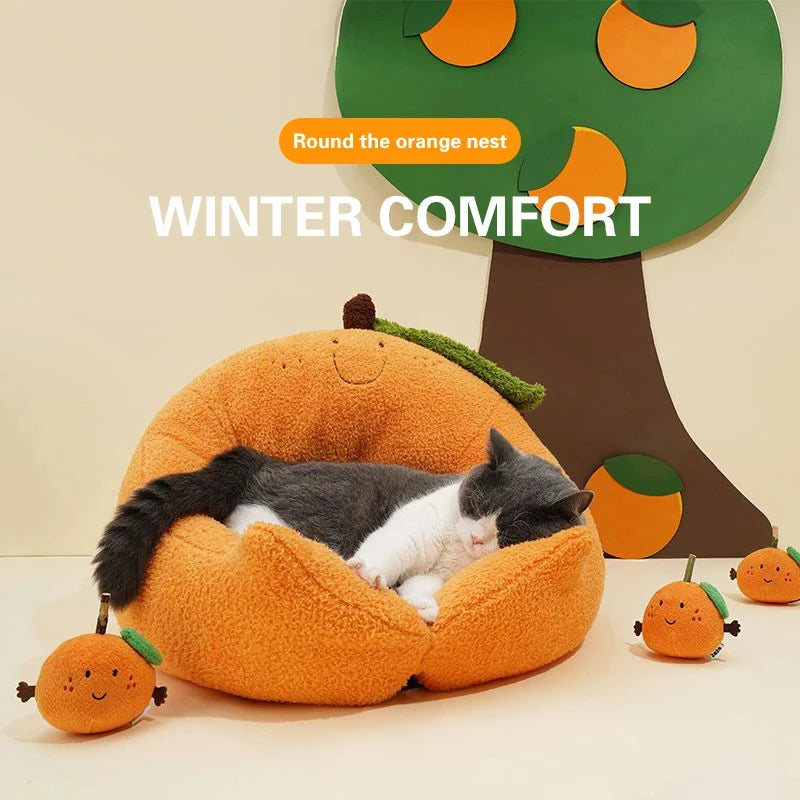 Cute Persimmon Cat Bed Winter Warm Pet Sleeping Bed Sofa Home Living Room Cat Kennel Dog Kennel Pet Warmer Toys Pet Supplies