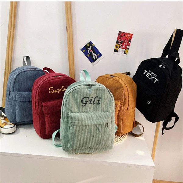 Personalized Embroidered Name Corduroy Travel Bag Student Backpack Custom Any Name Large Capacity Schoolbag for Student and Adult