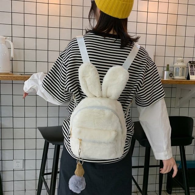 Personalized Name Cute Kawaii Plush Bunny Backpack Faux Fur Mini Backpack Rabbit Ear Women Travel Shoulder Bags Plush Backpack