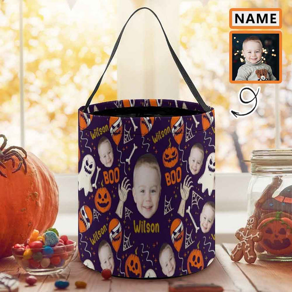 Custom Face&Name Pumpkin Head Little Devil Halloween Candy Bucket Halloween Basket Trick or Treat Bags Reusable Tote Bag Pumpkin Candy Gift Baskets for Kids Party