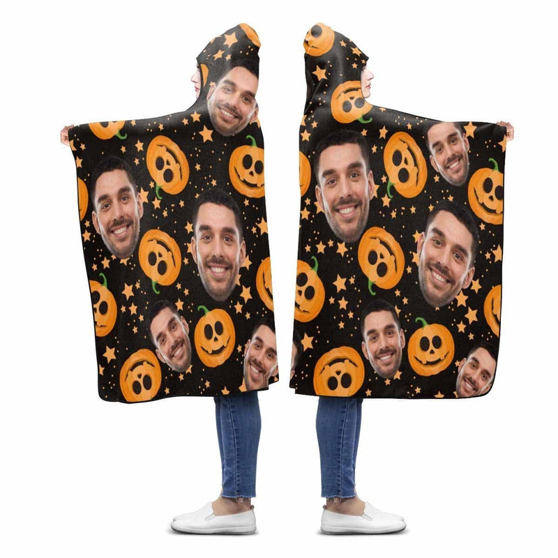 Custom Face Pumpkin Halloween Hooded Blanket