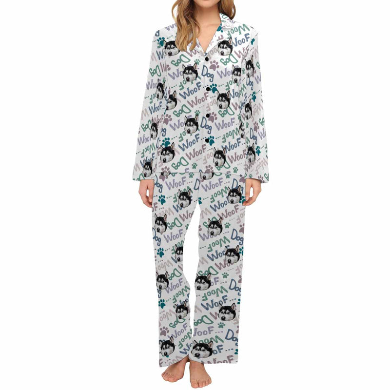 Custom Face Pajama Woof Women's Long Pajama Set Matching Dog Bandana Personalized Sleepwear