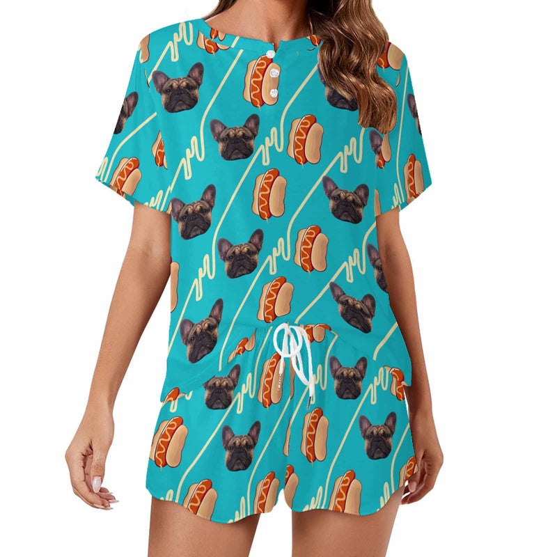 Custom Face Women's Short Set Pajama Set Hotdog Loungewear Matching Dog Bandana Personalized Face Pajama