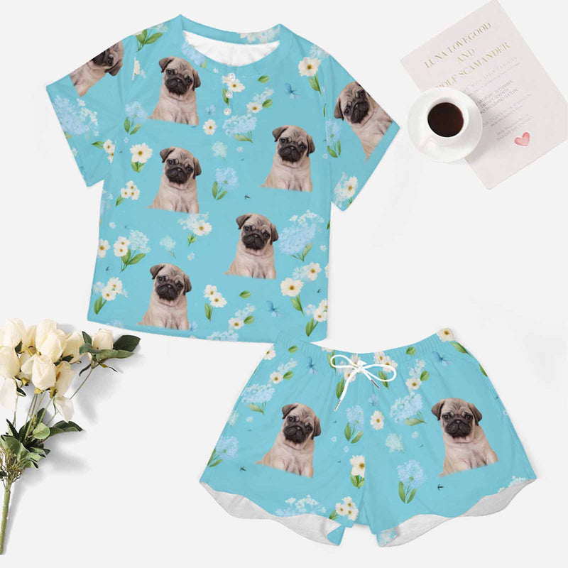 Custom Face Women's Short Set Pajama Set Blue Flower Loungewear Matching Dog Bandana Personalized Face Pajama