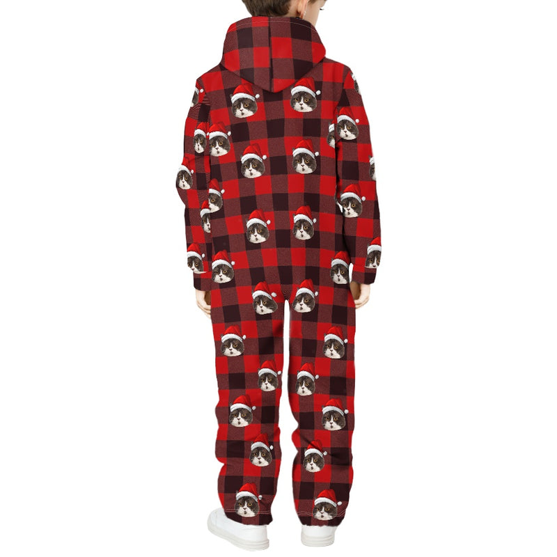 [Thick Soft Fabric] Funny Flannel Fleece Adult Onesie Pajamas Custom Face Christmas Red and Black Plaid Jumpsuit Homewear