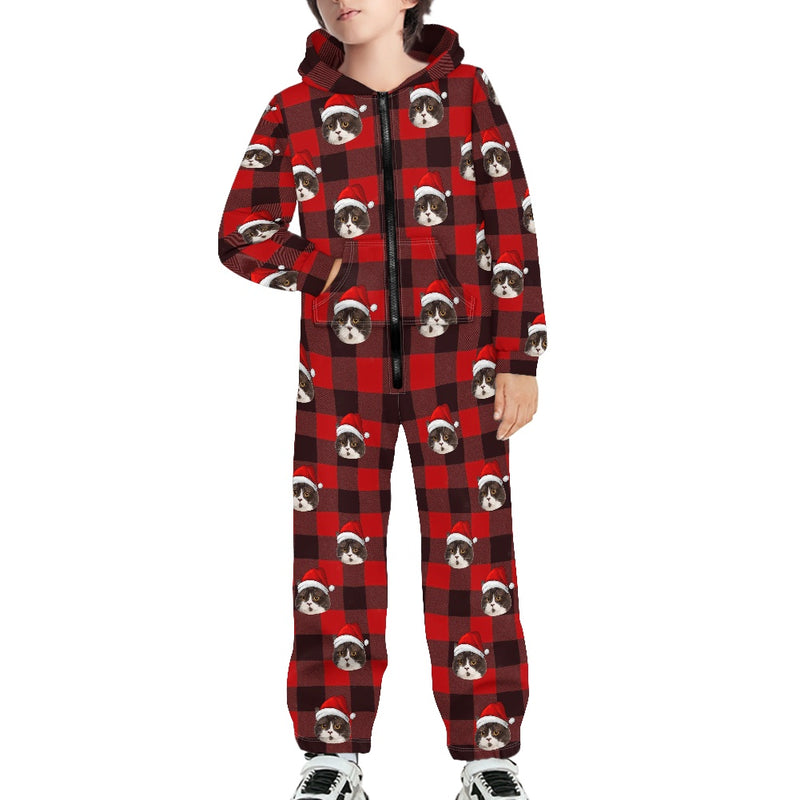 [Thick Soft Fabric] Funny Flannel Fleece Adult Onesie Pajamas Custom Face Christmas Red and Black Plaid Jumpsuit Homewear