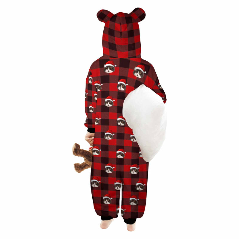 [Thick Soft Fabric] Funny Flannel Fleece Adult Onesie Pajamas Custom Face Christmas Red and Black Plaid Jumpsuit Homewear