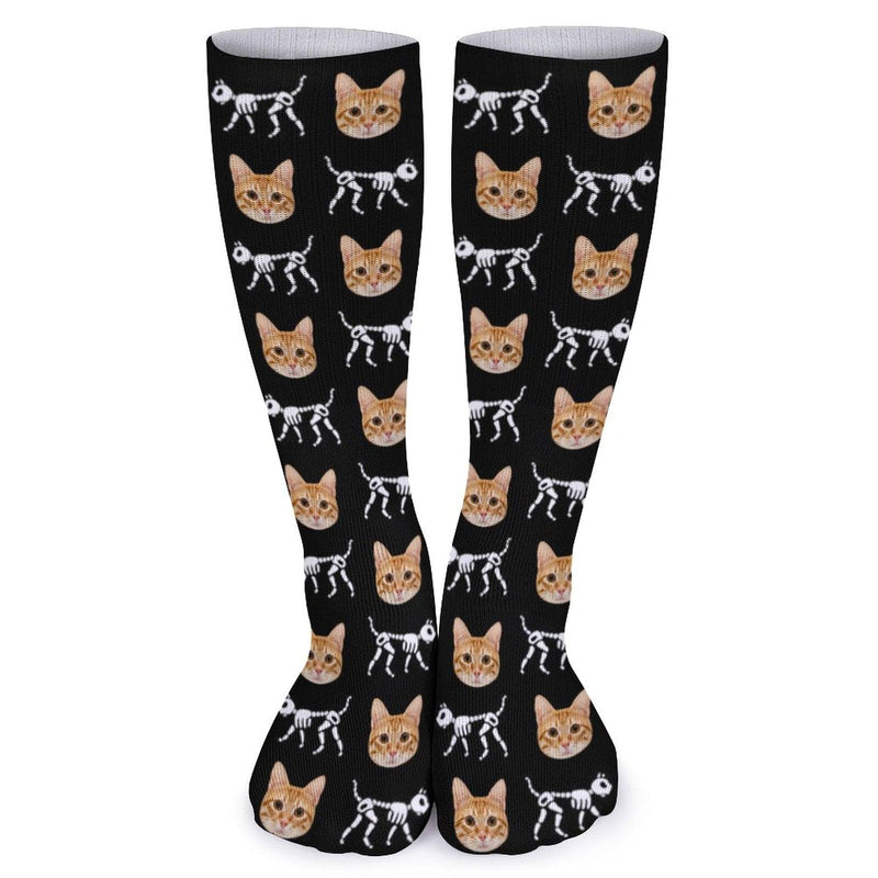 FacePajamas Sublimated Crew Socks-2WH-SDS Custom Cat Face Sublimated Crew Socks Skeleton Socks Personalized Funny Photo Socks Gift for Halloween