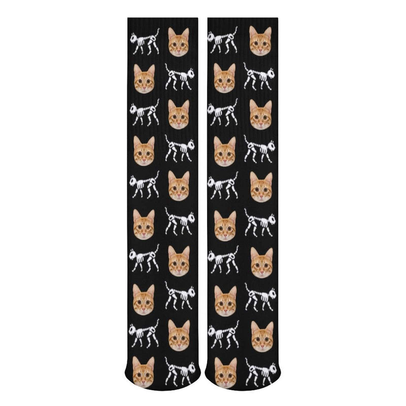 FacePajamas Sublimated Crew Socks-2WH-SDS Custom Cat Face Sublimated Crew Socks Skeleton Socks Personalized Funny Photo Socks Gift for Halloween