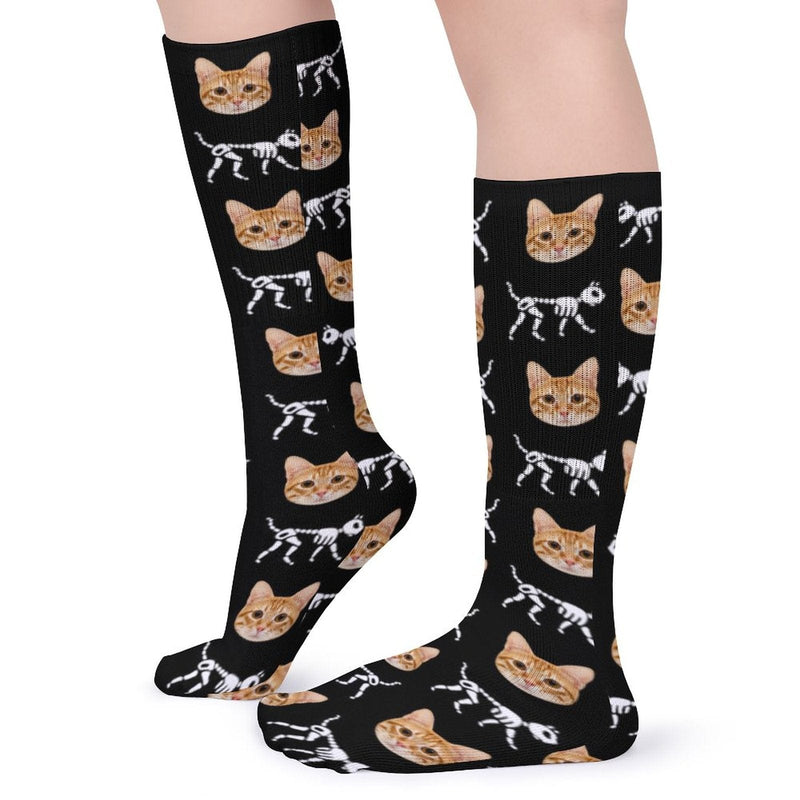 FacePajamas Sublimated Crew Socks-2WH-SDS Custom Cat Face Sublimated Crew Socks Skeleton Socks Personalized Funny Photo Socks Gift for Halloween