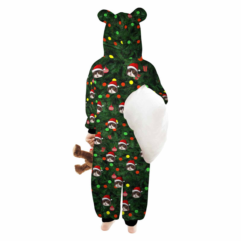 [Thick Soft Fabric] Funny Flannel Fleece Adult Onesie Pajamas Custom Face Christmas Tree Lights Printed Jumpsuit Homewear