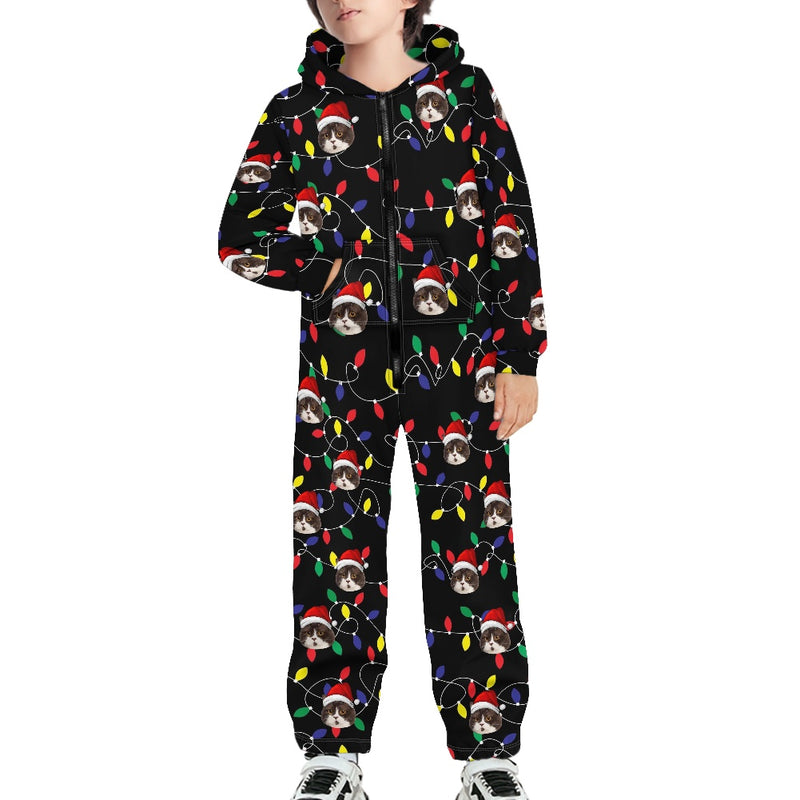 [Thick Soft Fabric] Funny Flannel Fleece Adult Onesie Pajamas Custom Face Christmas Lights on Black Background Jumpsuit Homewear